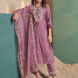 INDO ERA Silk Blend Women's Embroidered Straight Kurta Pant With Dupatta Set